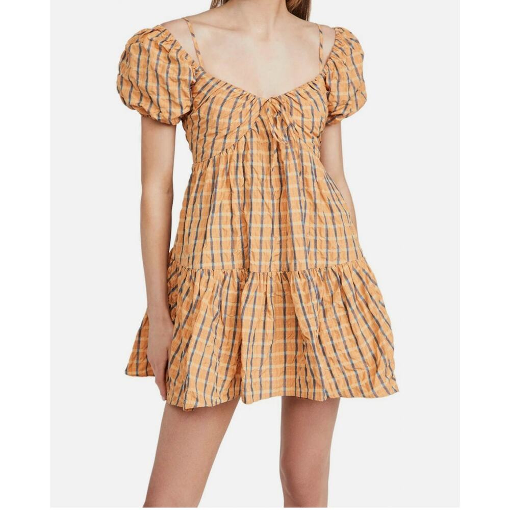 Cinq a Sept Betsey Check Cold-Shoulder Crinkle Taffeta Mini Dress I 2